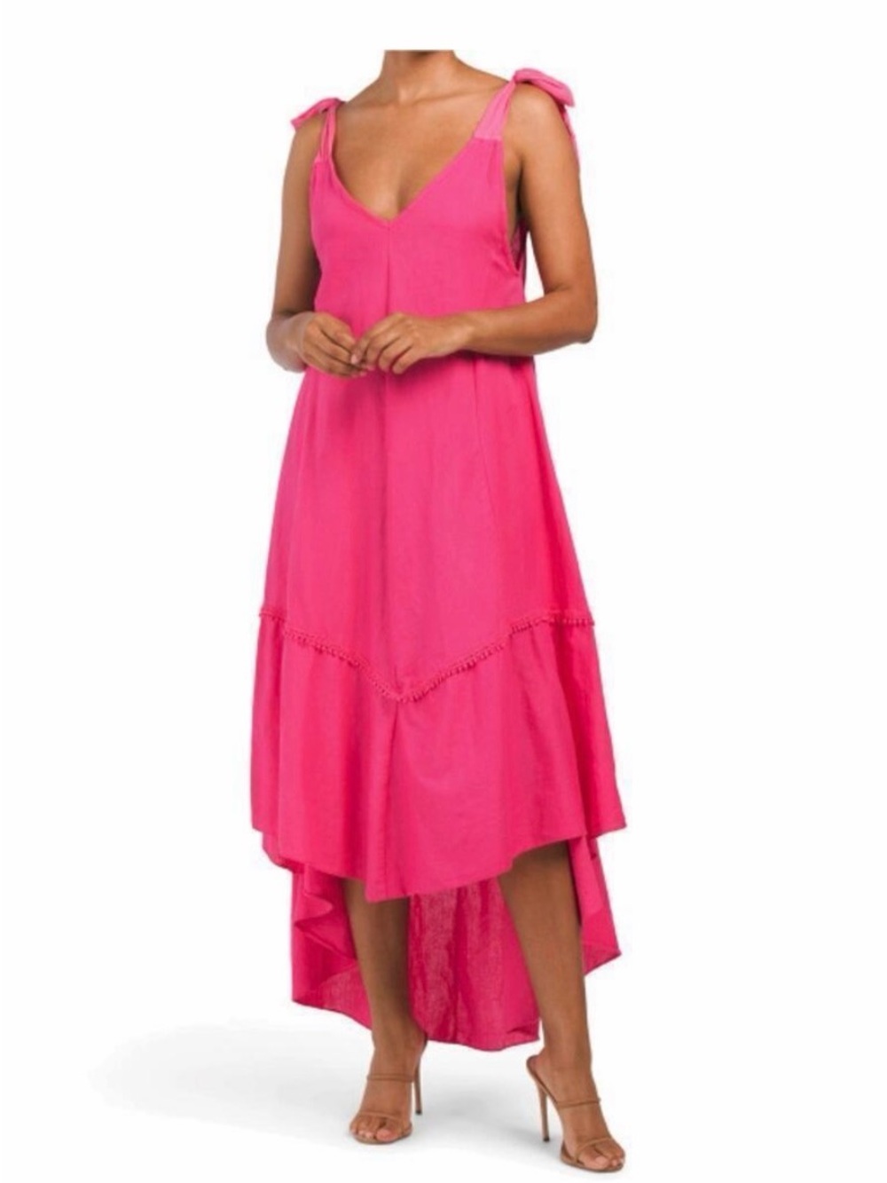 Womens Hi-Low Tie-Shoulder Dress in Vibrant Pink